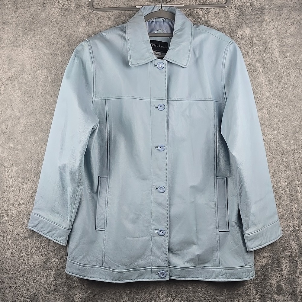 Vintage Terry Lewis‎ Leather Jacket Womens Large Baby Blue Button Front Pockets